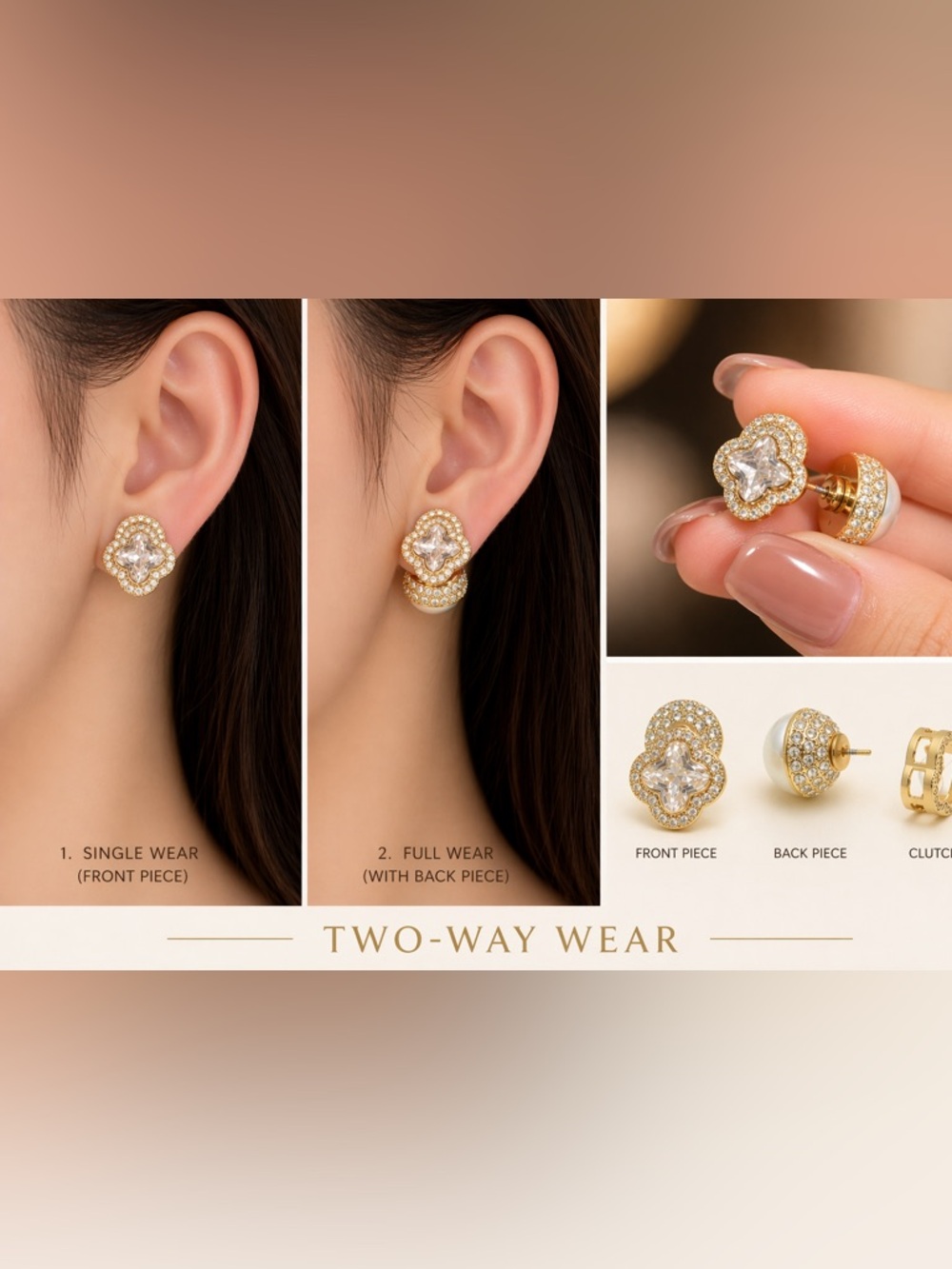 Fashion Jewelry Gold Two-Way Clover Crystal Earrings